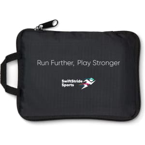 A black pouch with a handle, featuring a logo and text promoting athletic performance.
