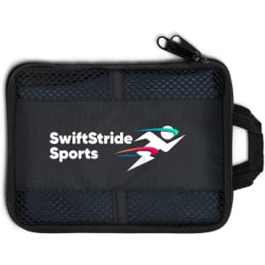 A black zippered pouch with a mesh pocket and a logo. Designed for storing sports accessories or towels.