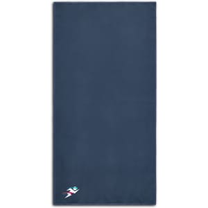 A navy sports towel featuring a small logo in the bottom corner. The towel is soft and absorbent.