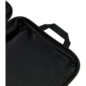 A small black zippered case with a handle, featuring a smooth interior without compartments.