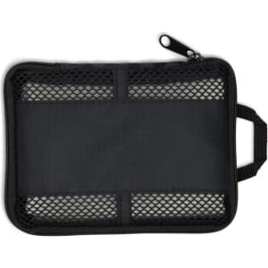 A black zippered pouch with a mesh front and a handle, suitable for organising small items.