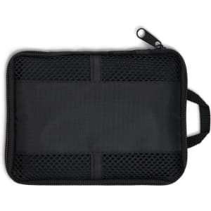 A black mesh and fabric organiser pouch with a zip closure and side handle. It has a simple design.