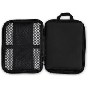A black zippered pouch with a mesh section and an interior pocket, featuring a handle on the outside.