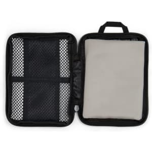 A zipped storage case featuring a mesh pocket and a padded compartment, primarily in black with a light grey interior.