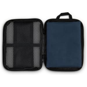 A navy blue sports towel enclosed in a black zippered case with mesh pockets on one side.
