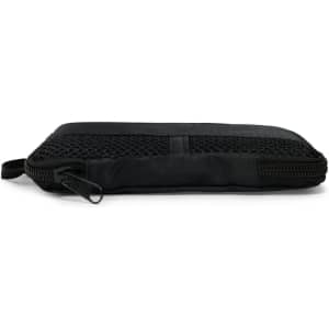 A black sports towel with a textured surface and a zippered compartment, featuring a logo.
