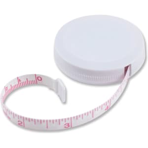A white tape measure with a retractable pink measuring tape, coiled within a circular case.