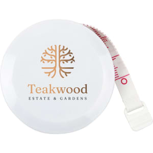A white tape measure with a circular case and a retractable measuring tape featuring a logo on the surface.