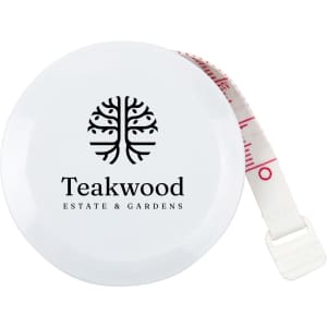 A white tape measure with a circular casing and a retractable measuring tape. It features a logo.