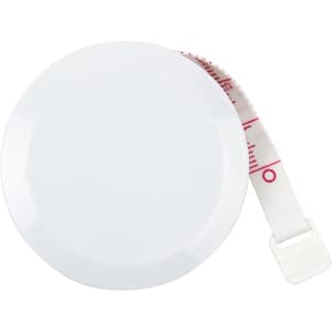 A white circular tape measure with a retractable measuring tape in red. It features a branding logo on the top.