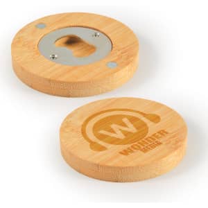 A drink bottle opener coaster made of bamboo with a silver opener and a logo on one side.