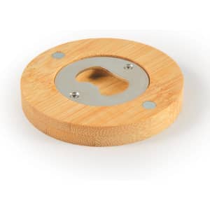 A drink bottle opener coaster made from bamboo, featuring a metal bottle opener embedded in the center.