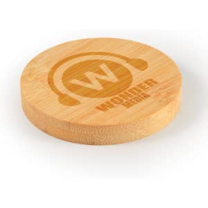 A drink bottle coaster in a round shape made of bamboo, featuring a logo design.