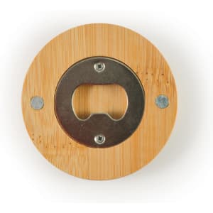 A drink bottle opener coaster made of bamboo, featuring a metal opener in the center and silver screws.
