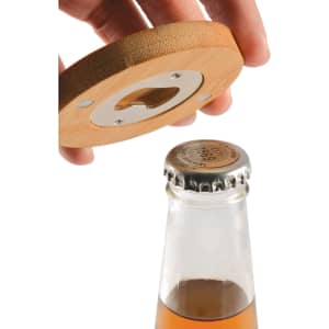 A drink bottle opener coaster made of bamboo, with a circular design and a bottle cap opening mechanism.
