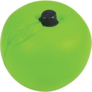 A bright green apple-shaped stress reliever with a black top. It has a smooth, squishy texture.