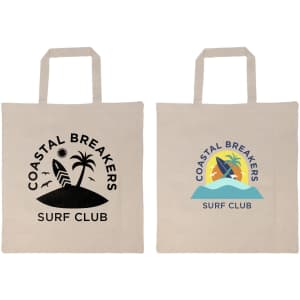 A beige tote bag featuring two designs with surf club motifs and a logo on each side.