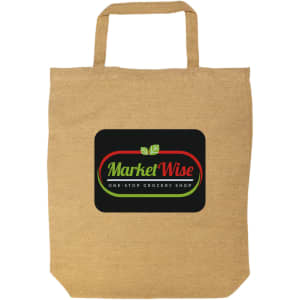 A short handle bag in a natural fiber texture featuring a colorful logo for "MarketWise One-Stop Grocery Shop."