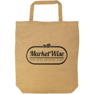 A short-handled tote bag in a natural fibre color with a black logo that reads "MarketWise - One-Stop Grocery Shop."