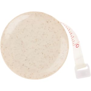 A beige tape measure made from wheat fibre, featuring a retractable measuring tape. It has a small branding logo.