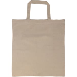 A beige reusable grocery bag with short handles, featuring a simple design and no visible logos.