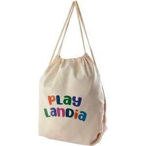 A beige drawstring backpack with a colorful logo. It has two sturdy rope handles.