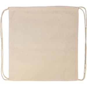 A beige drawstring backpack made of natural fabric, featuring two corded straps for easy carrying.