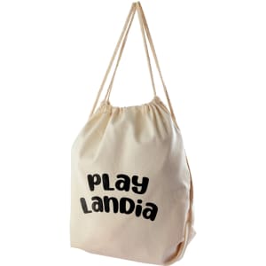 A beige drawstring backpack featuring the text "Play Landia" and two tan cords for closure.
