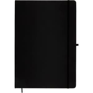 A black Capella A4 Notebook featuring a sleek design, an elastic closure, and a ribbon bookmark.