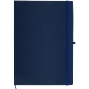 A navy Capella A4 Notebook featuring a smooth cover, elastic closure, and an attached ribbon bookmark.