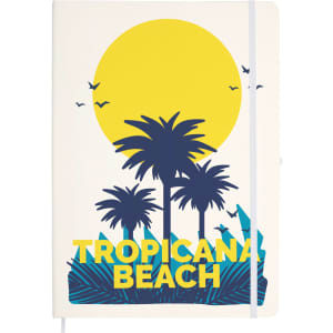 A white A4 notebook featuring a colorful tropical beach design with palm trees and a sun illustration. It includes a logo.