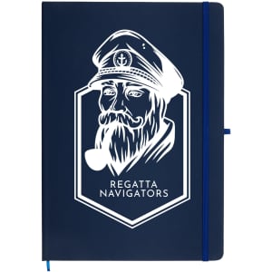 A navy A4 notebook featuring a captain's illustration and a logo, complete with a blue elastic band.