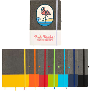 A textured A5 notebook in multiple colours, featuring a logo and an elastic closure.