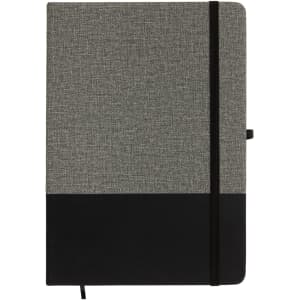 A Venture Bondi A5 Notebook featuring a textured grey cover with a black bottom section and an elastic band closure.