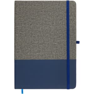 A Venture Bondi A5 Notebook with a textured grey cover and a navy blue bottom half, featuring an elastic band closure.