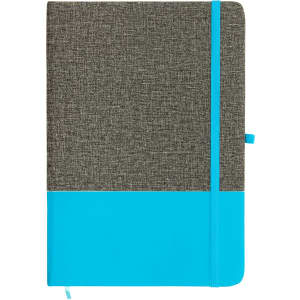 A Venture Bondi A5 Notebook featuring a textured gray cover with a bright blue lower section and elastic closure.