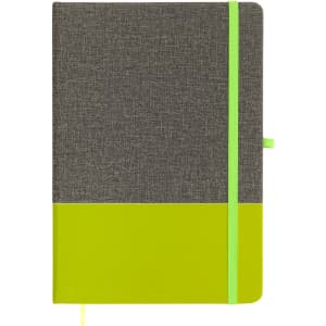 A grey and neon green A5 notebook with a textured cover, featuring an elastic band and a bookmark ribbon.
