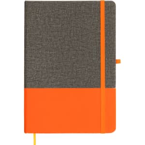 A Venture Bondi A5 Notebook featuring a textured gray cover with an orange bottom half and matching elastic closure.