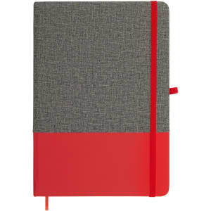A Venture Bondi A5 Notebook featuring a grey textured cover with a bold red bottom half and matching elastic closure.