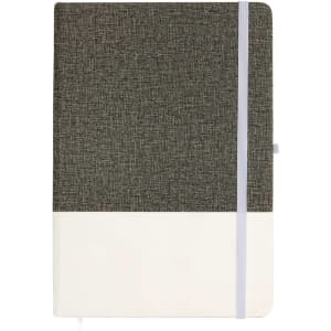 A dark gray notebook with a textured cover, featuring a white bottom section and an elastic band closure.