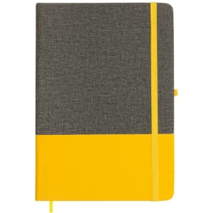 A grey and yellow A5 notebook with a flexible cover and an elastic closure, featuring a logo.
