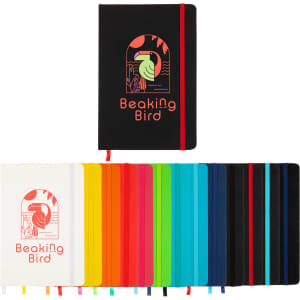 A collection of Venture A5 Notebooks in various colours, featuring a logo on the cover and a bookmark ribbon.