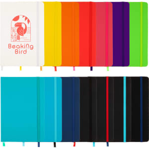 A variety of Venture A5 Notebooks in multiple colours, including white, orange, purple, blue, and black, featuring branding.