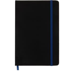 A Venture A5 Notebook featuring a sleek black cover and a blue elastic band closure.