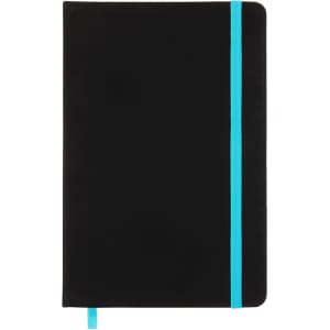 A black A5 notebook with a turquoise elastic band and ribbon bookmark. It features a logo on the cover.