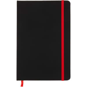 A black A5 notebook with a red elastic band closure. The notebook features a smooth surface and a ribbon marker.