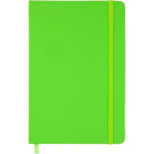 A vibrant green A5 notebook featuring a smooth cover, an elastic band closure, and a ribbon bookmark.