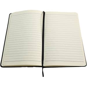 An A5 notebook with lined pages and a ribbon bookmark, shown in an open position.