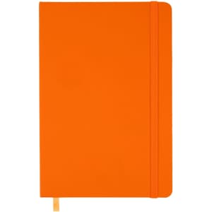 An orange A5 notebook with a smooth cover, an elastic closure, and a ribbon bookmark.