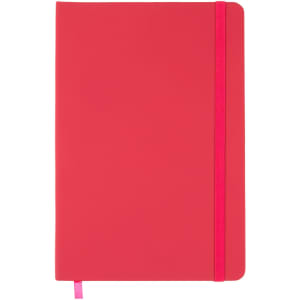 A Venture A5 Notebook featuring a sleek red cover with a coordinating pink elastic band.